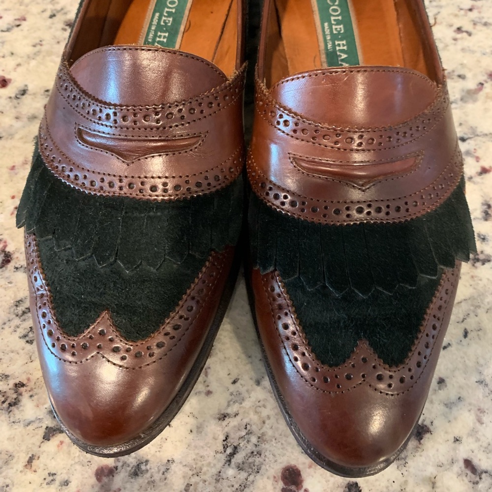 Cole Hahn 8 narrow Womens brown leather Forrest green suade